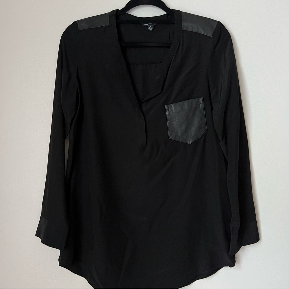 Club Monaco Silk and Lamb Leather Trim Long Sleeve Tunic Shirt In Black, S